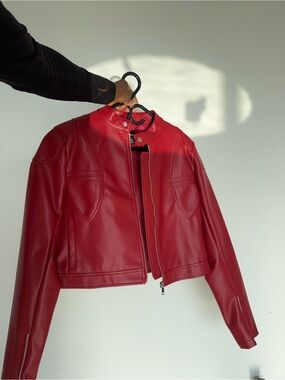 Red Women's Faux Leather Biker Jacket
